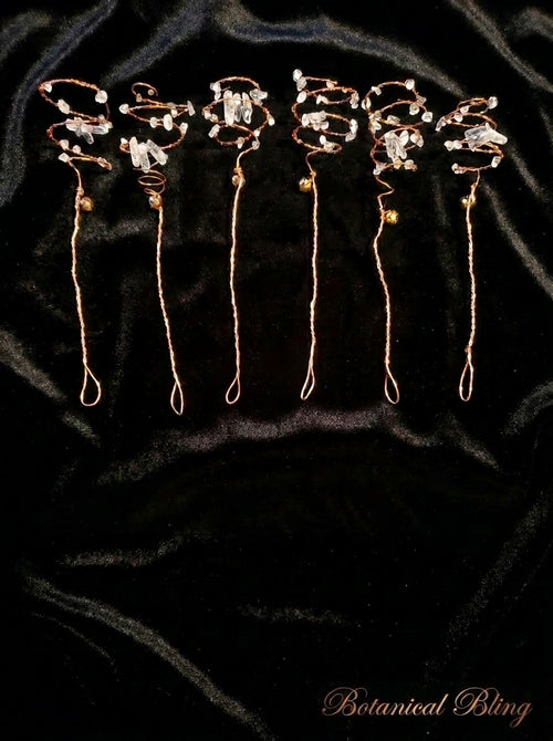 Copper Quartz Crystal Energy Coils w/ Mini Bell (6-Pieces), plant jewelry, Plant Stem Holder, Plant Accessories, electroculture