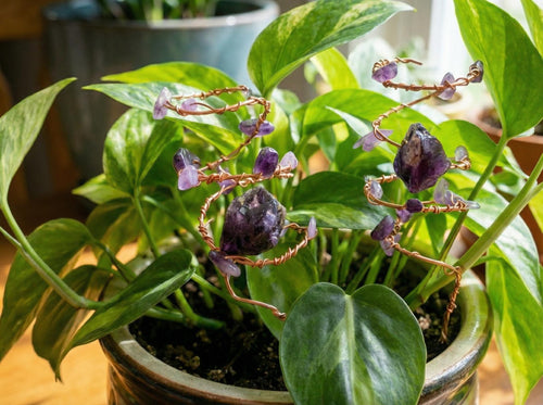 Copper Amethyst Crystal Energy Coils w/ Mini Bell (1-Piece), plant jewelry, Plant Stem Holder, Plant Accessories