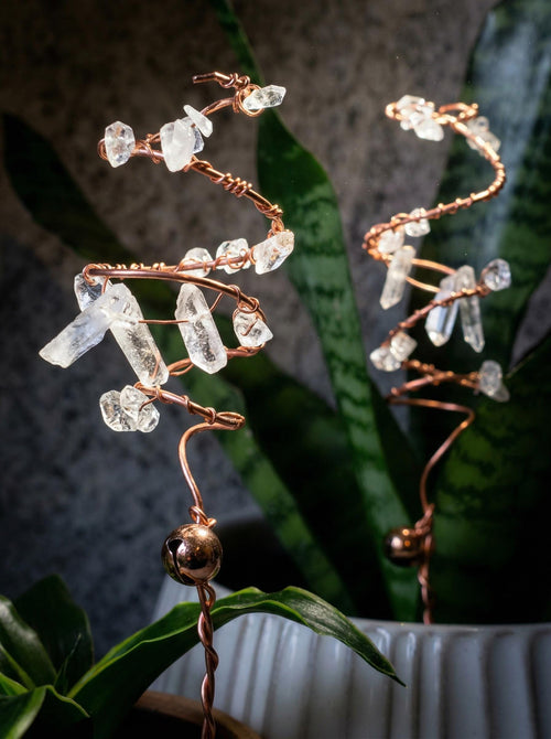 Copper Quartz Crystal Energy Coil with Mini Bell (1-Piece), Plant Jewelry,  Stem Support, Plant ring Stem and Leaf Support, Plant Bling